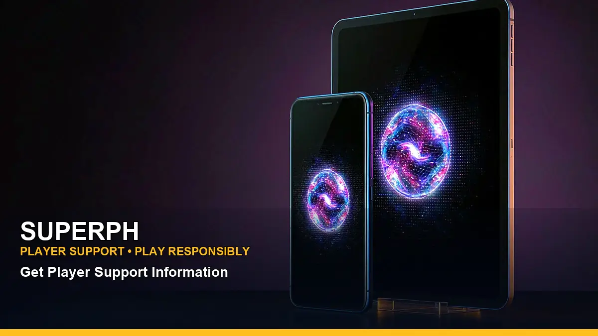 SUPERPH mobile casino app artwork showing an adult Filipina host and a social sharing layout